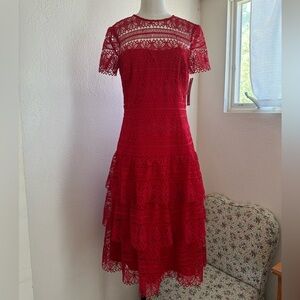 Antonio Melani Sabrina Lace Dress Crimson Red Short Sleeve Knee Length Size 4